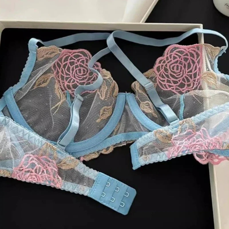 Pure Desire French Lace Bra Set Rose Embroidery Minimizer Wireless Comfort Support Full Bust Anti Sagging Breathable No Show USA