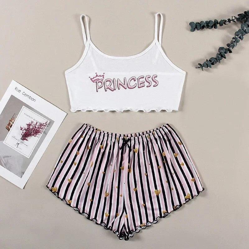 Summer Casual Pajamas Set for Women Sleepwear Sexy Lingerie Sleeveless Striped Tank Top Vest + Shorts Set Pijamas Homewear