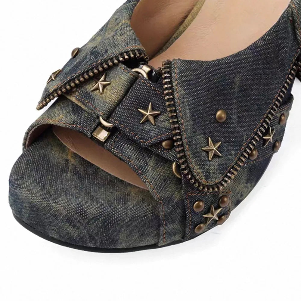 Brand New Women's Y2K Star Rivet Platform Sandals 2000's Peep Toe Slingback Chunky Heel Distressed Denim High Heeled Shoes