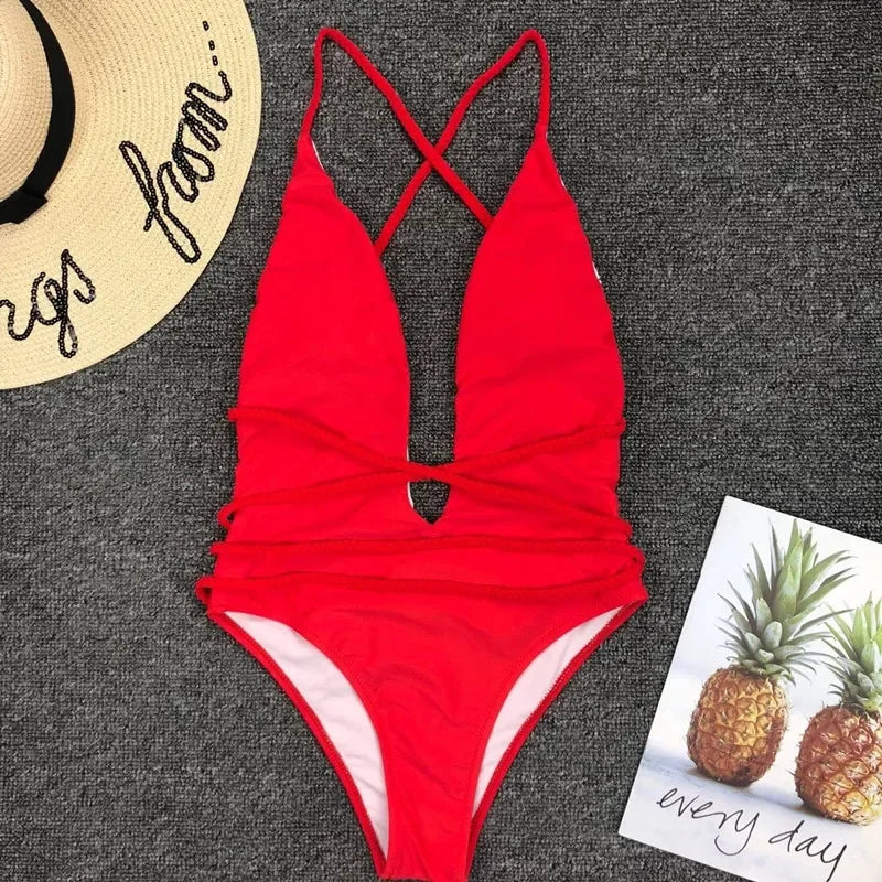 Sexy Deep V Neck Wrap Around Female Swimwear One Piece Swimsuit Women Backless Monokini High Leg Cut Bathing Suit Swim Beachwear