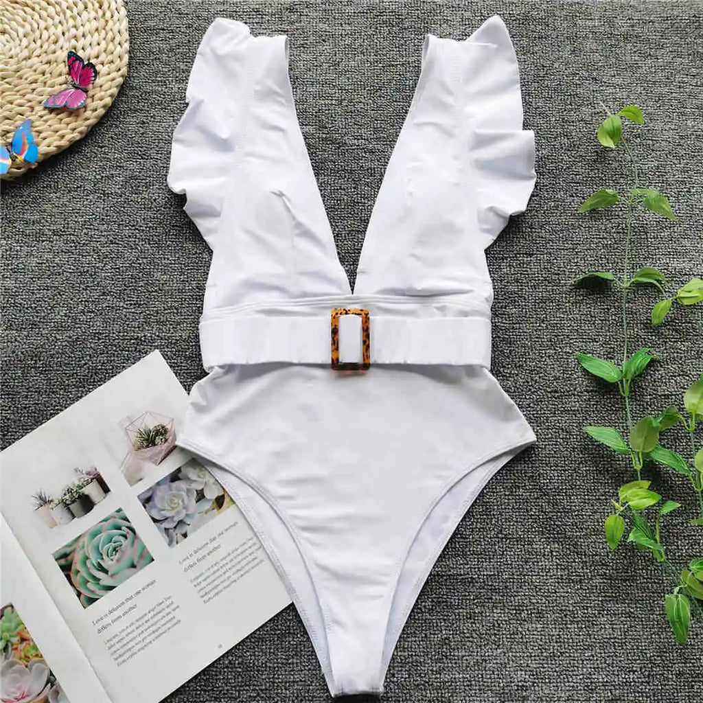 New Sexy Ruffled White Deep V One Piece Swimsuit Women Swimwear Female With Belt Monokini Bather Bathing Suit Swim Lady V2198