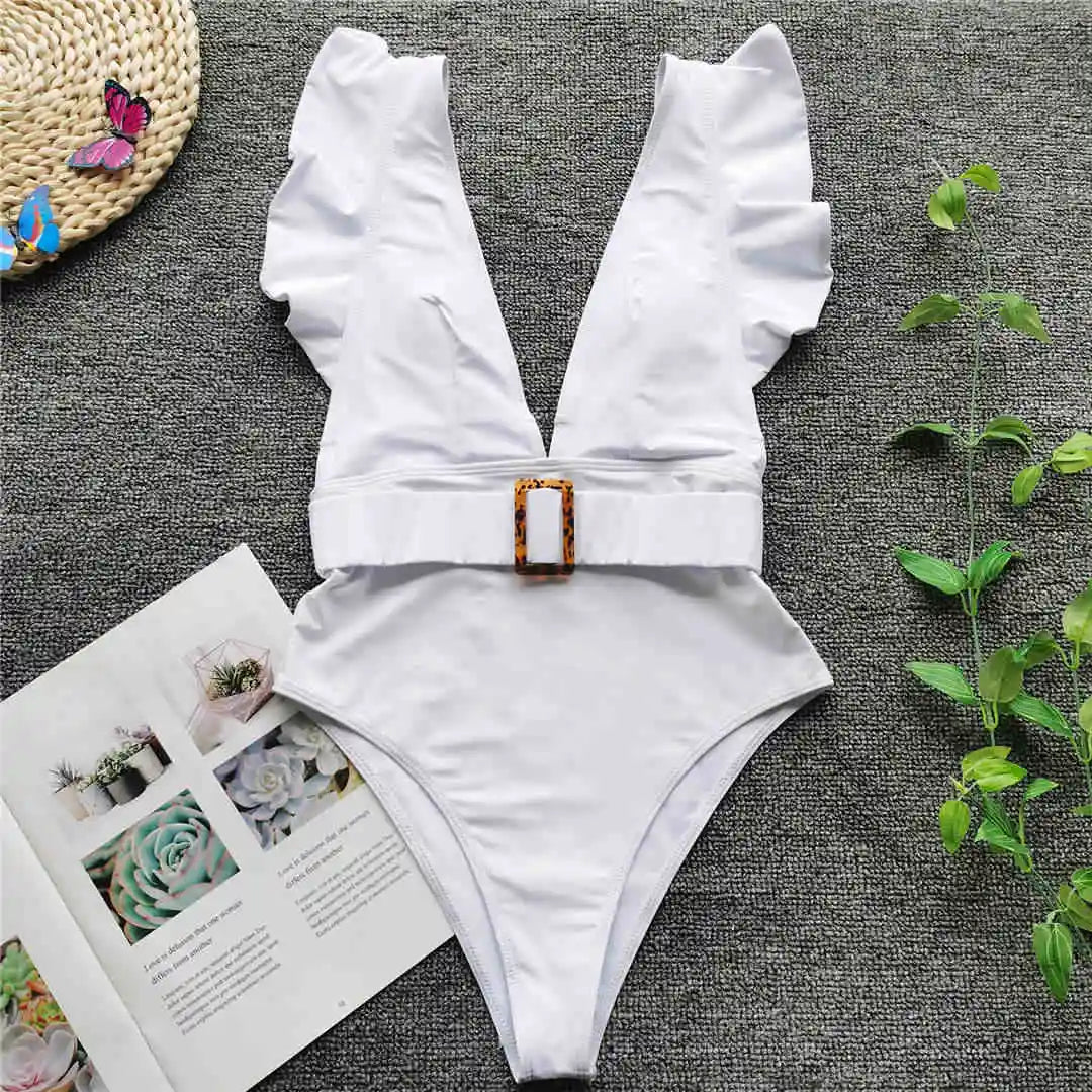 New Sexy Ruffled White Deep V One Piece Swimsuit Women Swimwear Female With Belt Monokini Bather Bathing Suit Swim Lady V2198