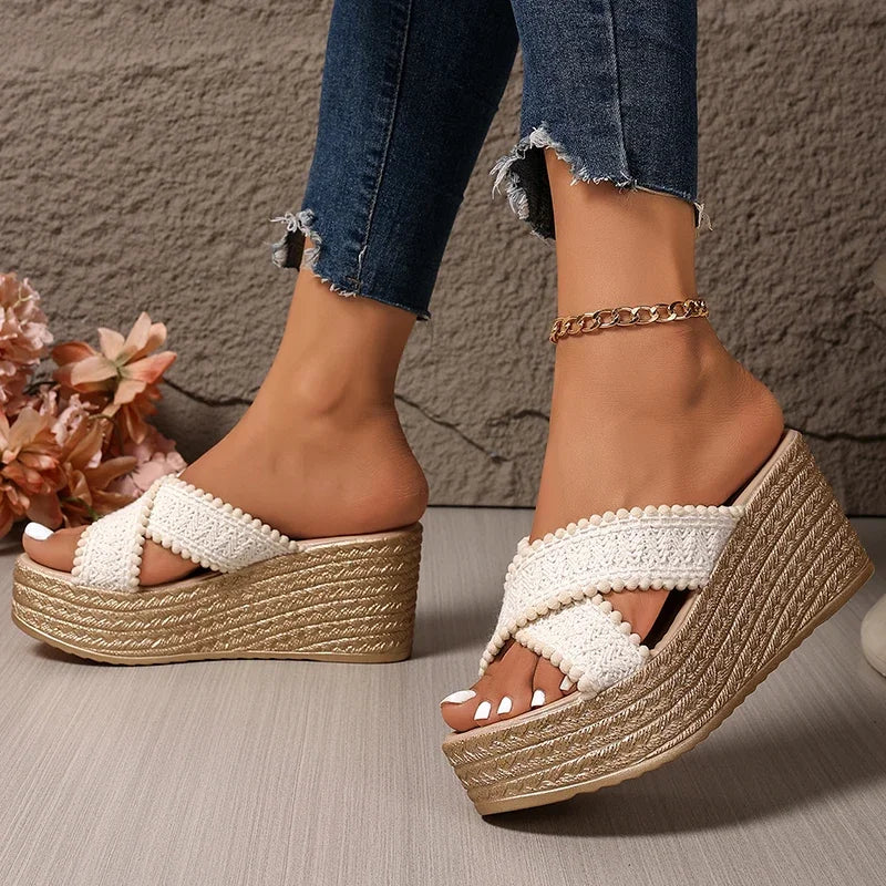 Woven Chunky Platform Sandals Women Fashion Cross Band High Heels Slippers Woman Plus Size Thick Sole Summer Sandles Mujer 42
