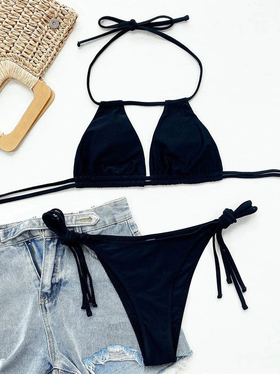 2025 Sexy Tie Side Strappy Halter Bikini Female Swimsuit Women Swimwear Two-pieces Bikini set Hollow out Bathing Suit Swim Lady