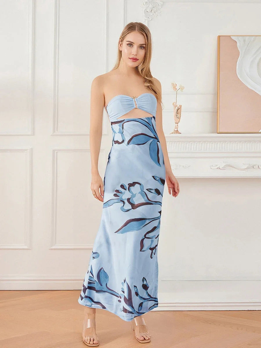 Women Floral Print Tie Backless Dress for Bohemian Party Evening Ring Cut Out Strapless Bodycon Long Dresses