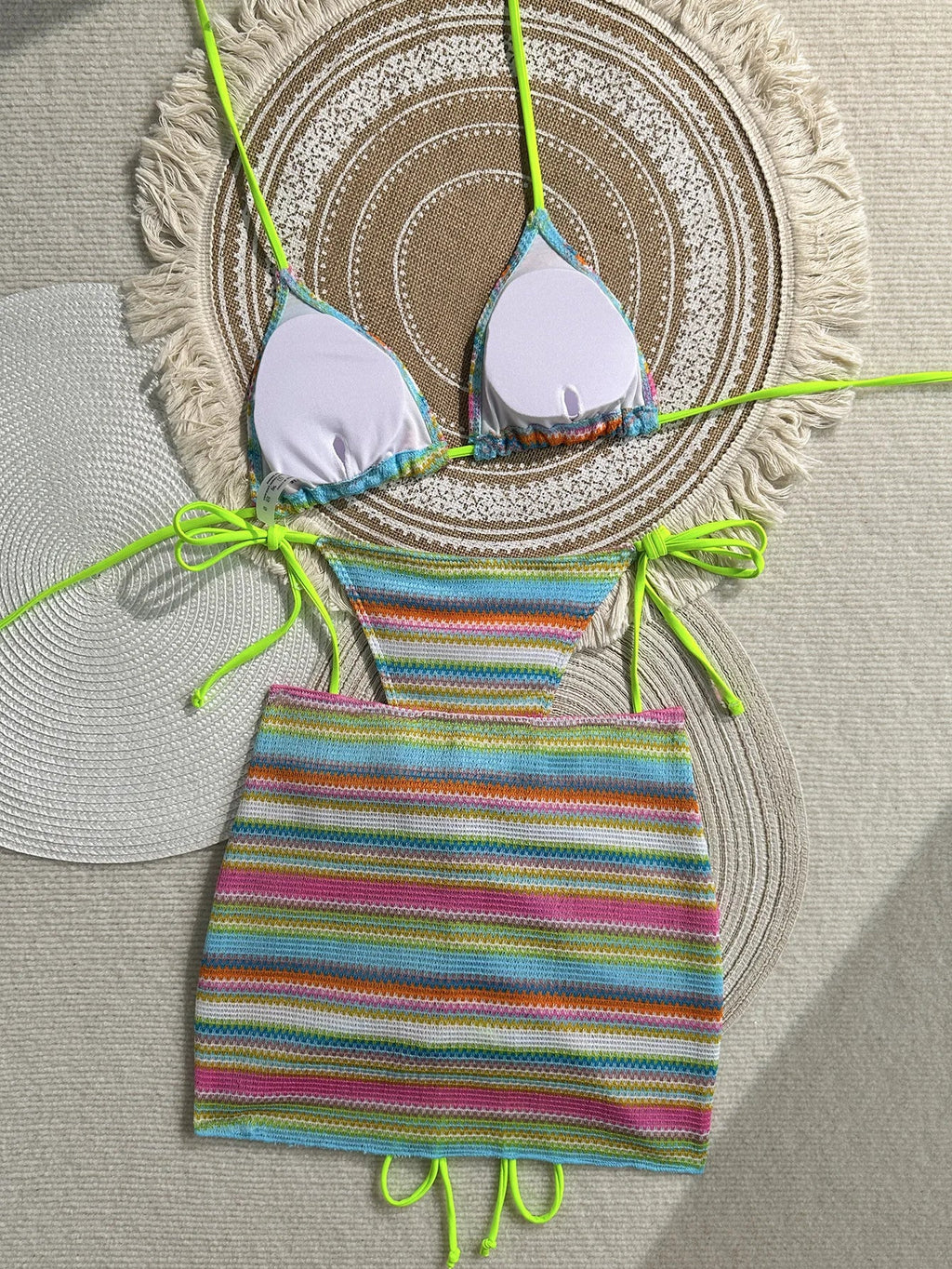 3PCS With Skirt Sarong Knitted Striped Bikini Women Swimsuit Female Swimwear Three Pieces Bikini Set Bathing Suit Swim Beachwear