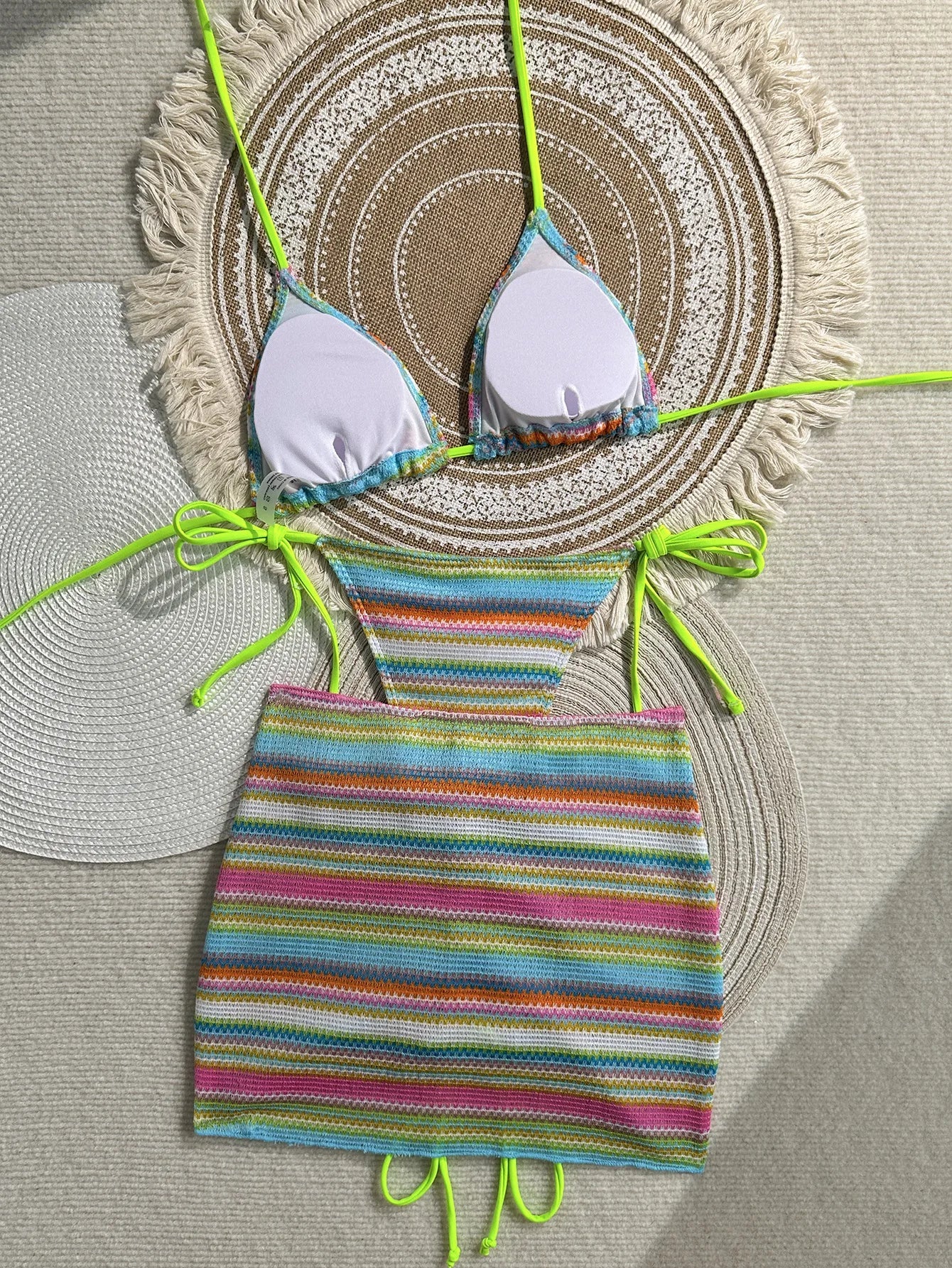 3PCS With Skirt Sarong Knitted Striped Bikini Women Swimsuit Female Swimwear Three Pieces Bikini Set Bathing Suit Swim Beachwear