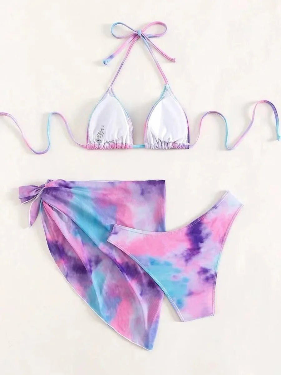 With Mesh Skirt Sarong Tie Dye Micro Bikini Women Swimsuit Female Swimwear Three Pieces Bikini Set Bathing Suit Swim Beachwear