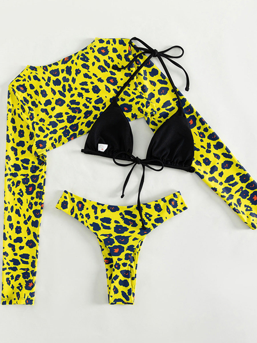 Leopard Printed Long Sleeve Beach Cover-up Bikini Women Swimwear Female Swimsuit Three-pieces Bikini Set Micro Bathing Suit Swim