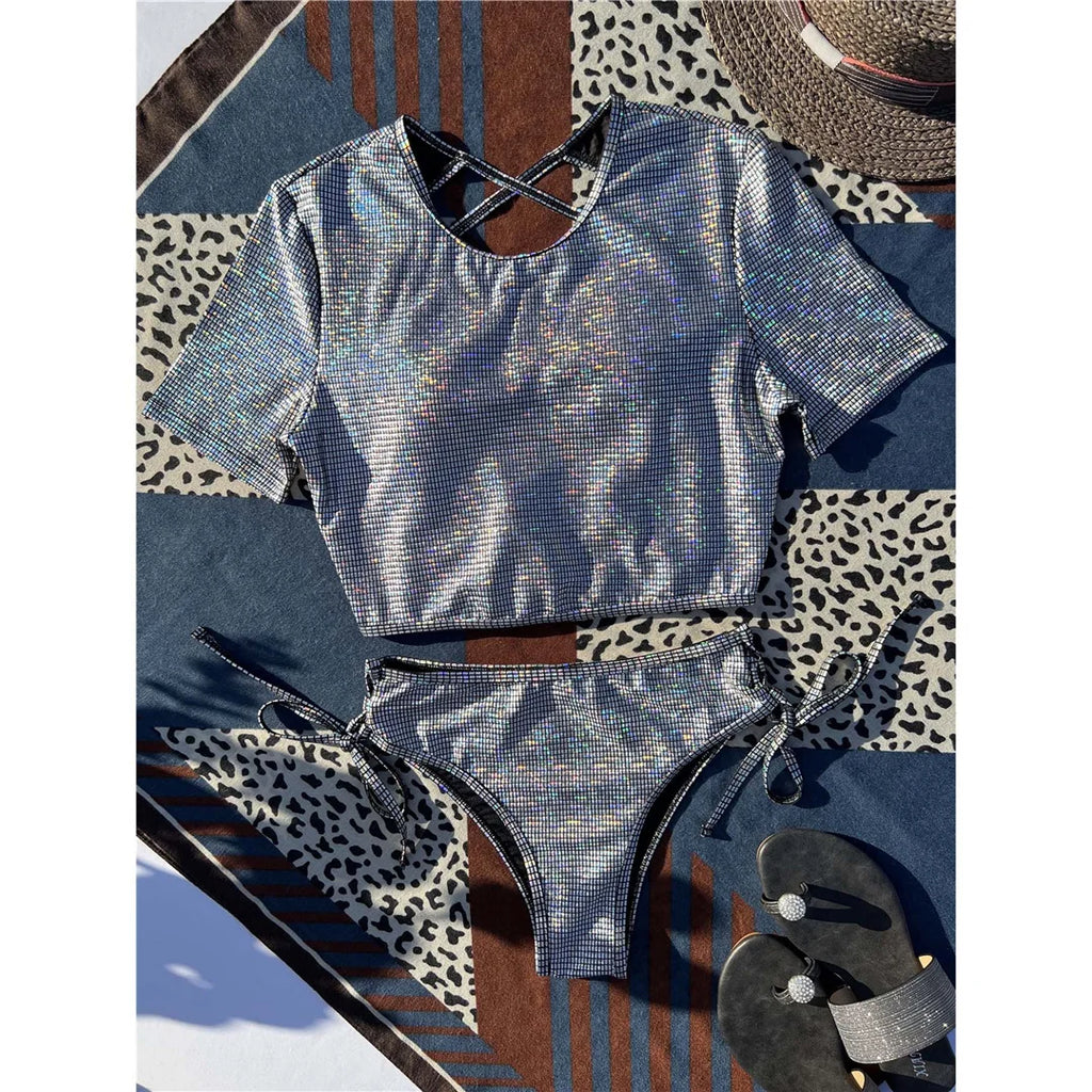 Plaid Cross Back Short Sleeve Bikini Women Swimwear Female Swimsuit Two-Pieces Bikini Set Bather Bathing Suit Swim Lady V4395