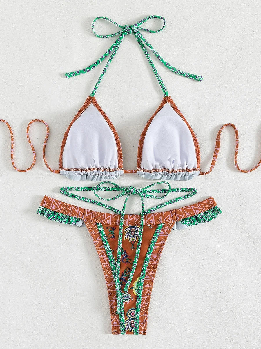 Floral Printed Halter Ruffled Frilled Bikini Women Swimwear Female Swimsuit Two-pieces Bikini set Thong Bathing Suit Swim Lady