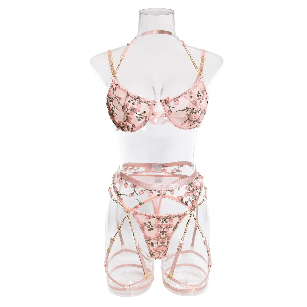 Laced Bra Lingerie Sexy Floral Embroidery Underwear Transparent Fairy Set Woman 2-Piece Boho Bra + Panty Underwear Set Intimates