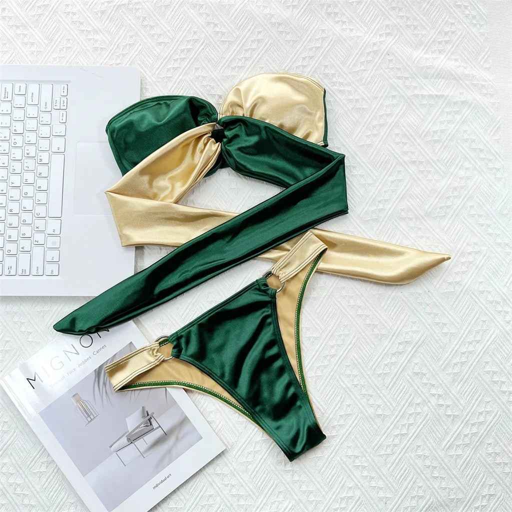 New Sexy Splicing Bandeau Strapless Bikini Women Swimwear Female Swimsuit Two-Pieces Bikini Set Bather Bathing Suit Swim V3859