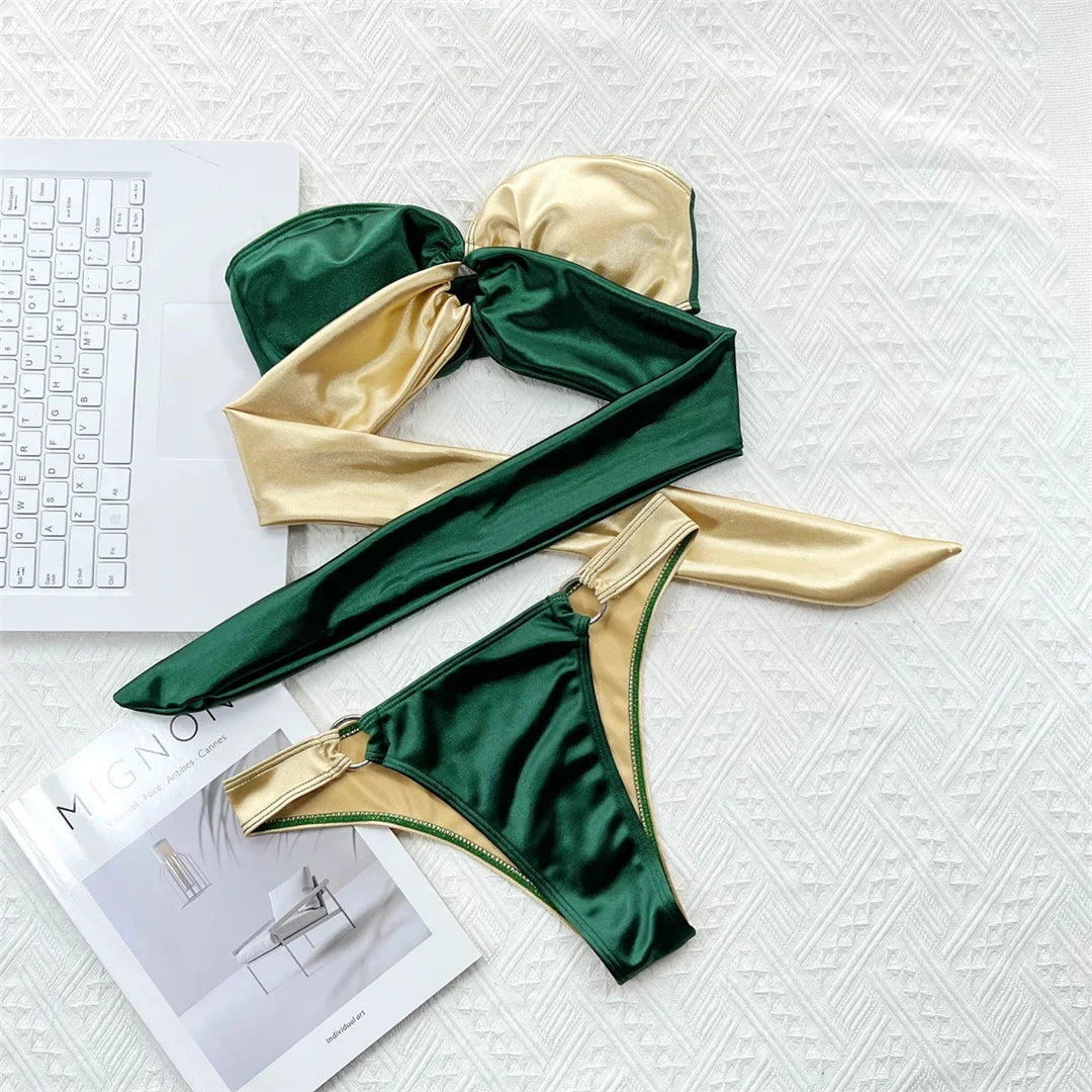 New Sexy Splicing Bandeau Strapless Bikini Women Swimwear Female Swimsuit Two-Pieces Bikini Set Bather Bathing Suit Swim V3859