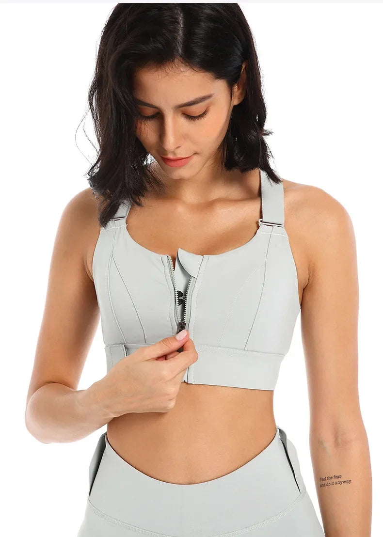 Sports Bras Tights Crop Top Women Yoga Vest Front Zipper Plus Size Adjustable Strap Shockproof Gym Fitness Athletic Brassiere