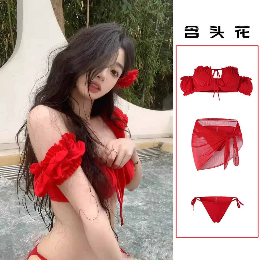New High-end and Sexy European and American Retro Red Bikini Split Swimsuit for Women with Chest Pads, Pure Desire