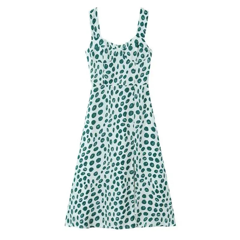 French Style Low-cut Polka Dot Print Camisole Dress For Women Sexy Side Slit Waist-cinching Mid-length Beach Dress Charming WYLB