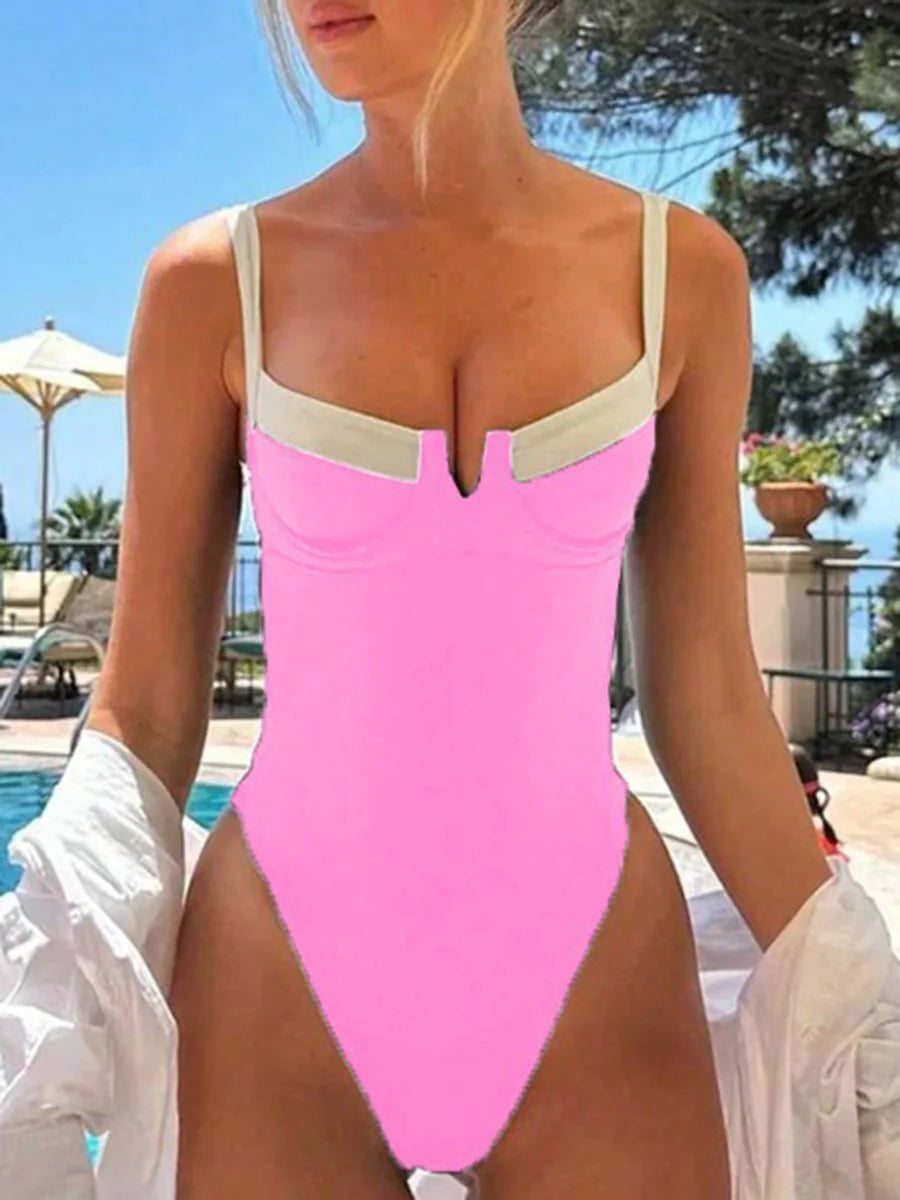 S - XL Splicing High Leg Cut One Piece Swimsuit Women Swimwear Female Underwired V-Bar Bather Bathing Suit Swim Beach Bodysuit