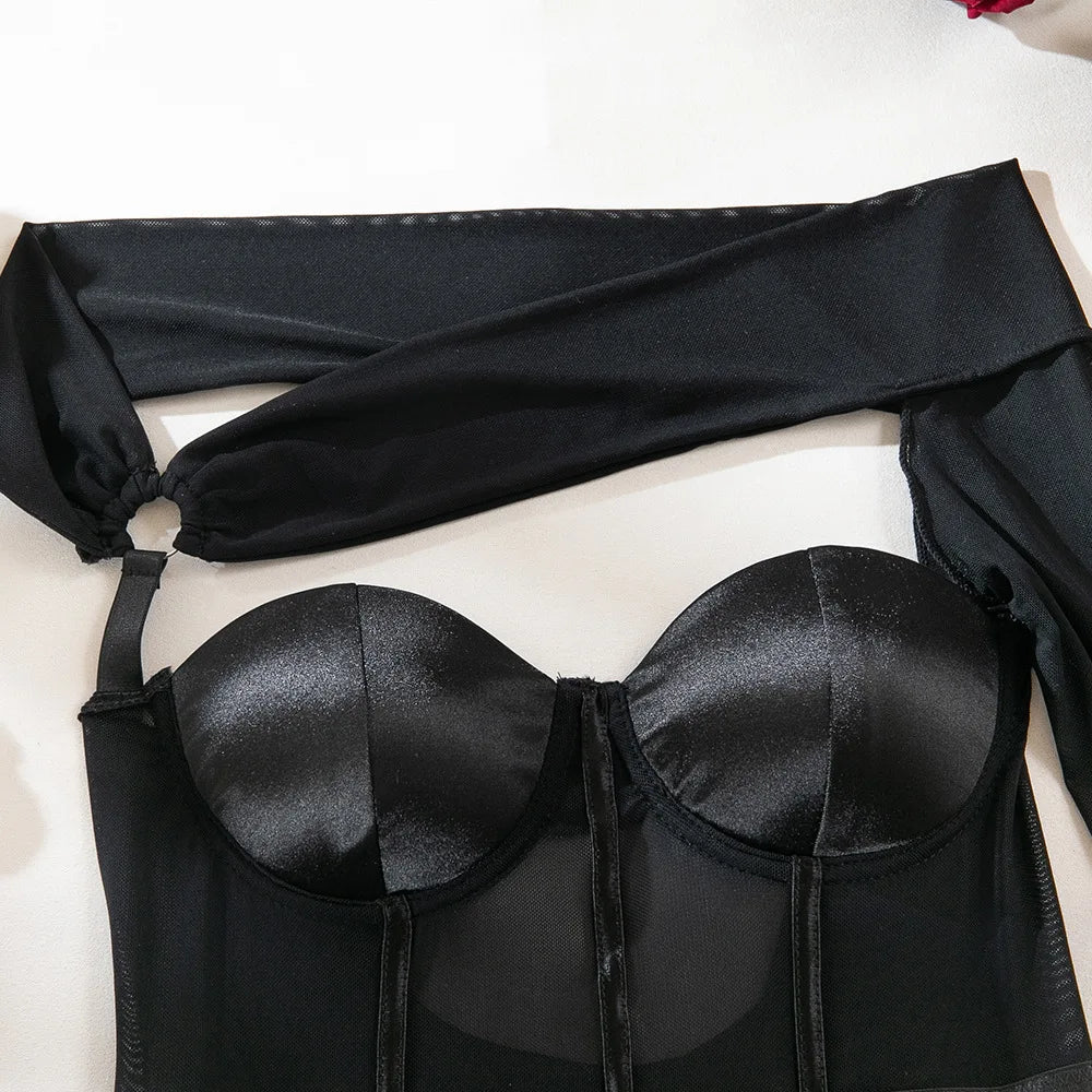 Toucheart Sexy Lingerie One-shoulder Sleeve Body Shaping Jumpsuit Women Push-up Chest Cotton Splicing Mesh Perspective Underwear