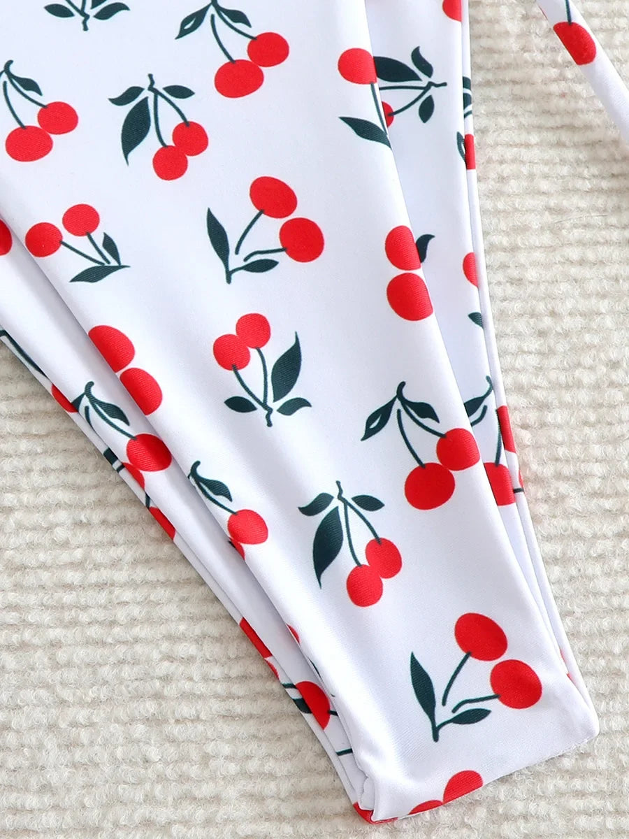XS - L Cherry Print Halter Strappy Bikini Female Swimsuit Women Swimwear Two-pieces Bikini Set Tie Side Bather Bathing Suit Swim