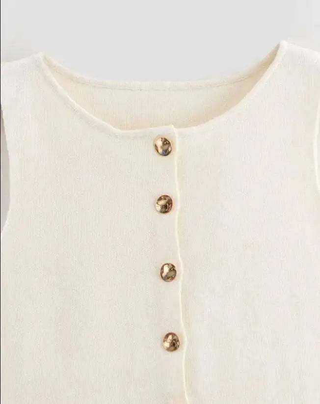 Women's Sleeveless Knit Top With Metal Buttons White Sleeveless Button Down Vest And Maxi Skirt Two Piece Set For Women S7XY