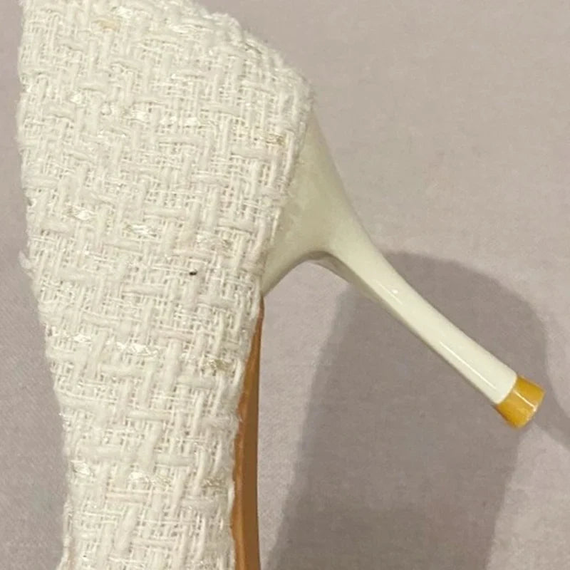 Fashion Tweed Cloth Stiletto Heel Pumps Women Elegant Pointed Toe High Heel Shoes Woman Brand Thin Heeled Party Dress Shoes