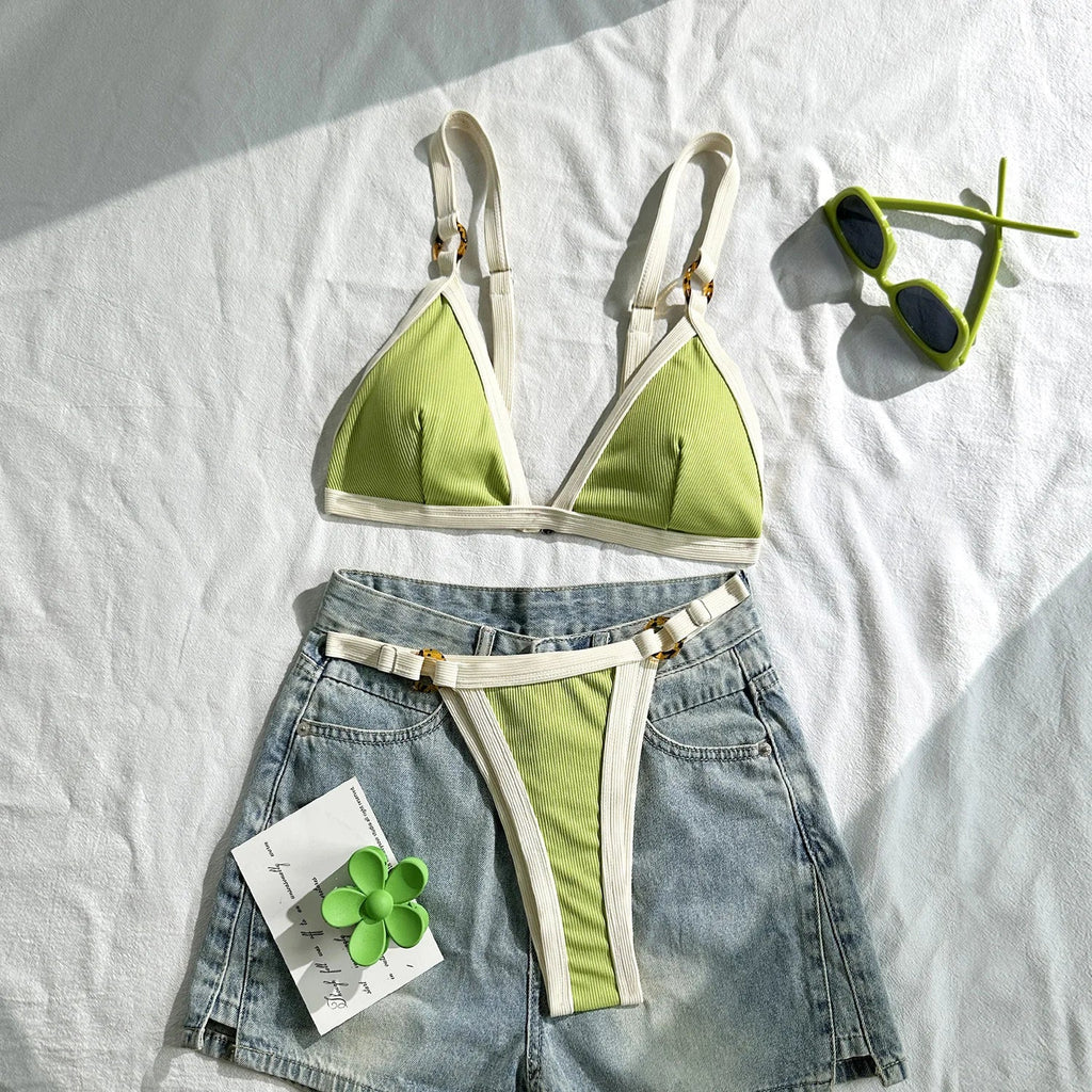 Splicing Ribbed High Cut Ring Mini Micro Bikini Women Swimwear Female Swimsuit Two-pieces Bikini Set Bathing Suit Swim Beachwear
