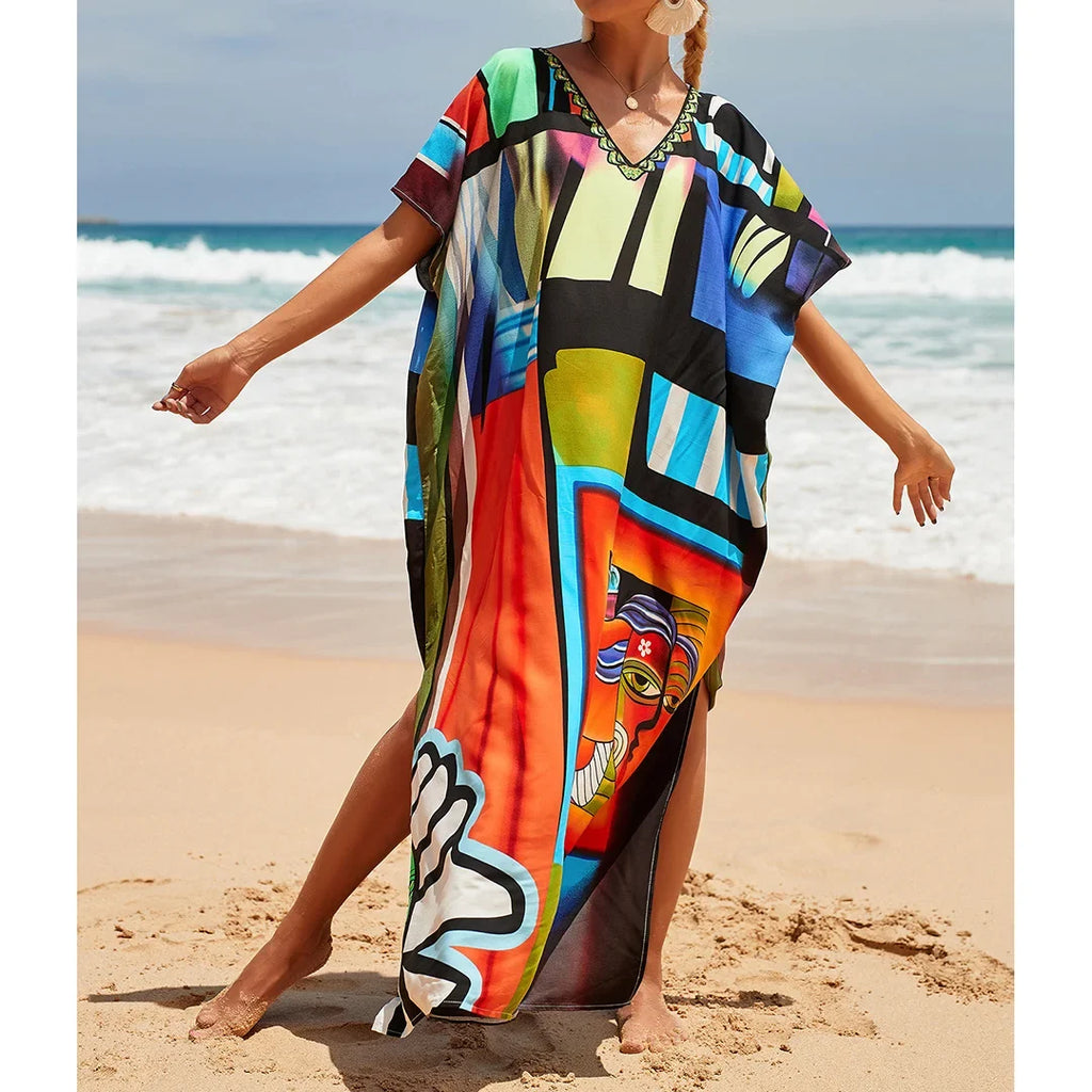 2026 New Colorful Kaftan Tunic Beach Dress Beach Wear Beachwear Beach Cover Up Cover-upsLoose Maxi Dress Female Women V4428