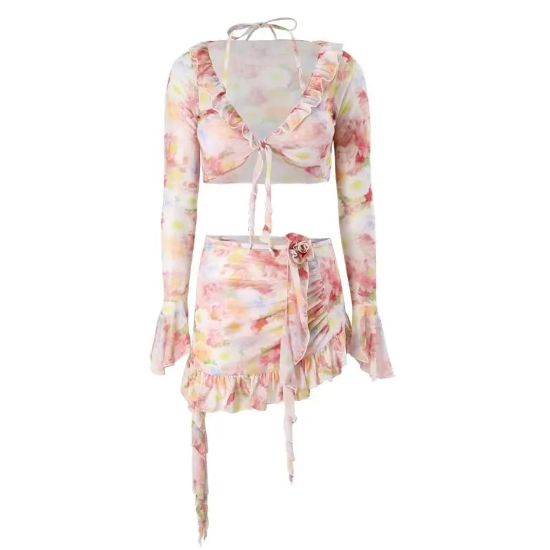 Bikinis Set Swimsuit Women Sweet Floral Prints Summer Girlish Sexy Ruffles Korean Style High Waist Swimwear Fashion Beach Wear