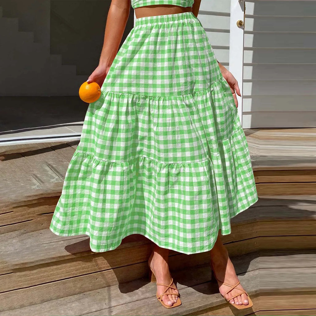 2026 Summer Vintage Checkered Maxi Skirt Women High Waisted Elastic Plaid Ruffle Long Skirts Retro Sweet Cake A  Line Skirts