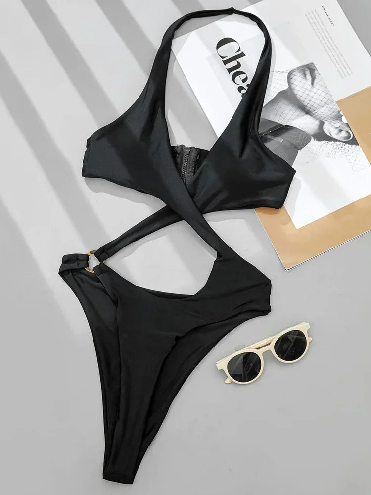 2025 Sexy High Cut Out Halter Female Swimwear One Piece Swimsuit Women Cross Bandage Monokini Bather Bathing Suit Swim Bodysuit