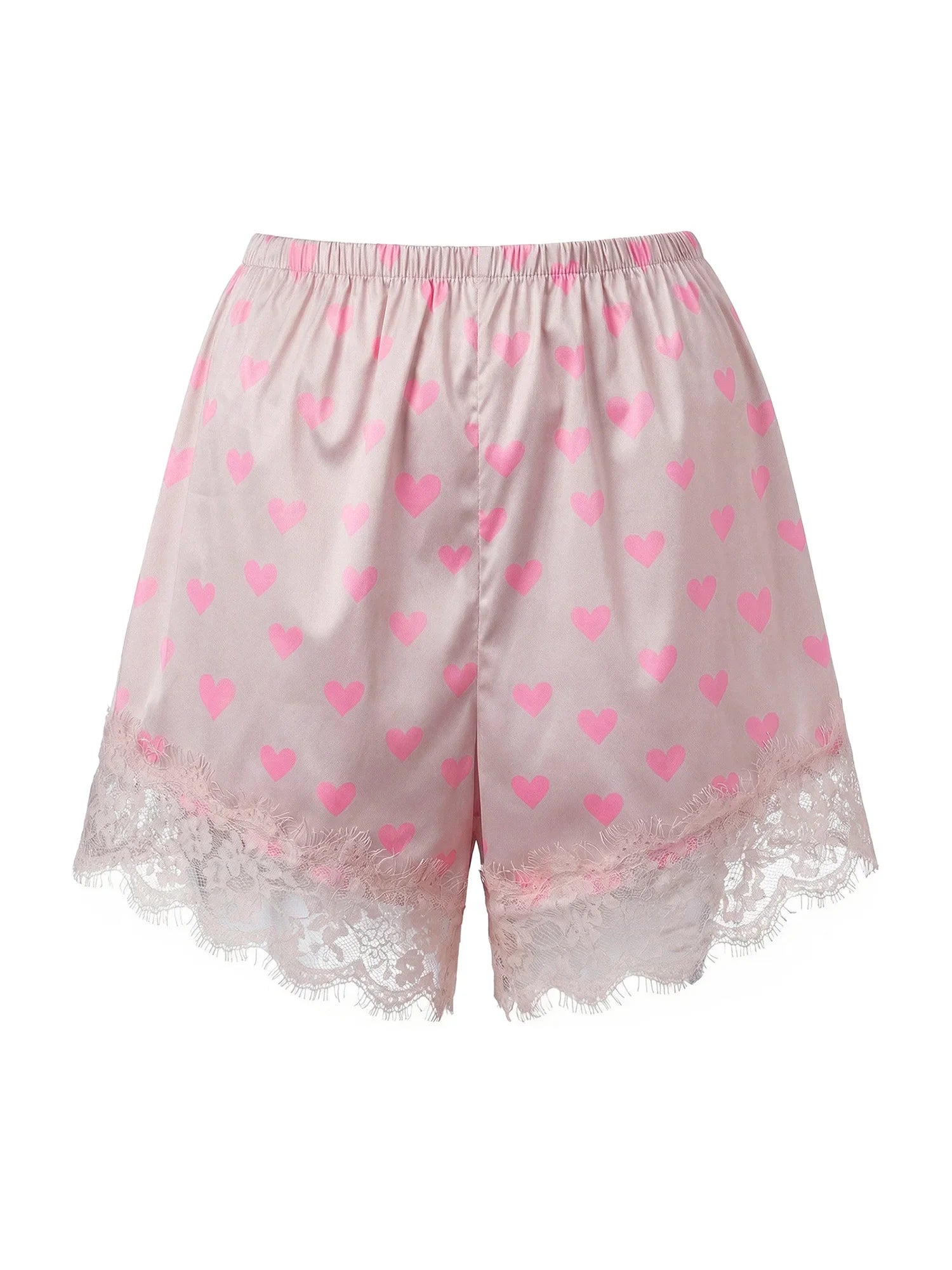 Summer Women’s Satin Lace Hem Shorts Elastic Waist Loose Fit Wide Leg Short Pants Casual Lounge Bottoms Solid Color