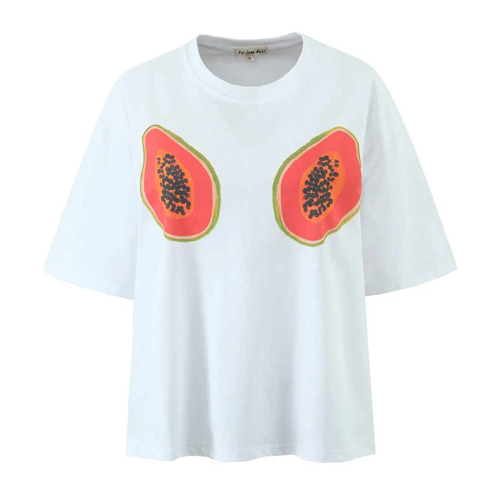 Foridol Papaya Print Fruit T-shirt Women Summer Loose Casual Shirts Blusa Half Sleeve White Spring Summer Shirt 2025 Blouse