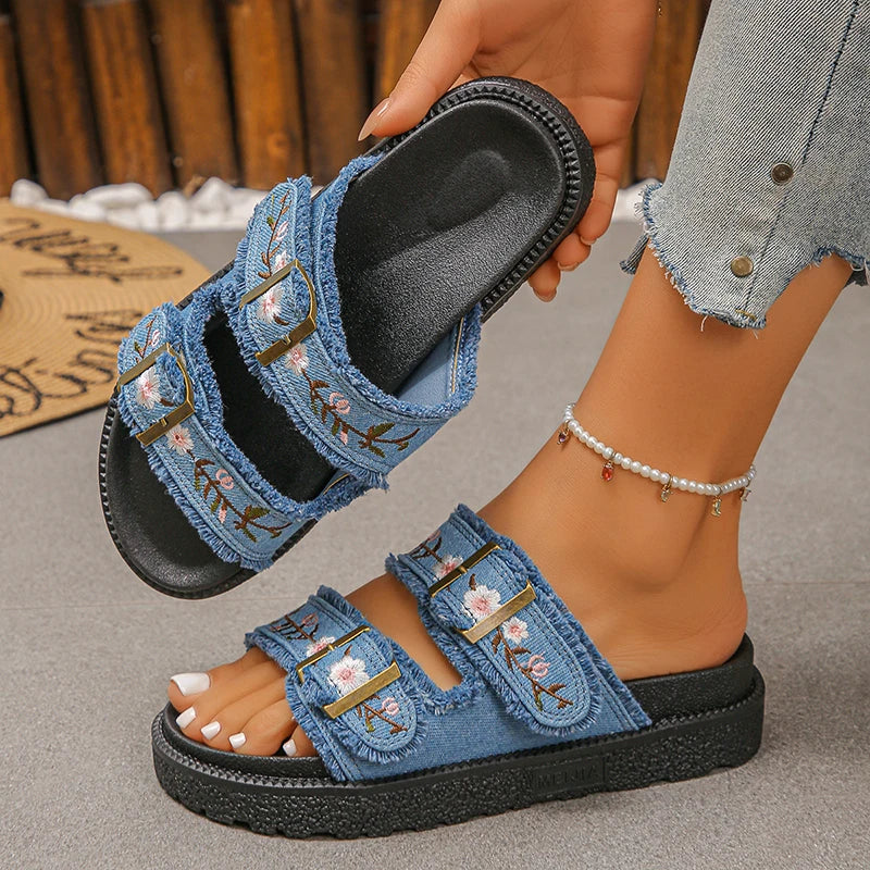 2026 New Flowers Embroidery Platform Slippers Women Fashion Denim Thick Bottom Sandles Woman Plus Size 43 Non Slip Beach Sandals