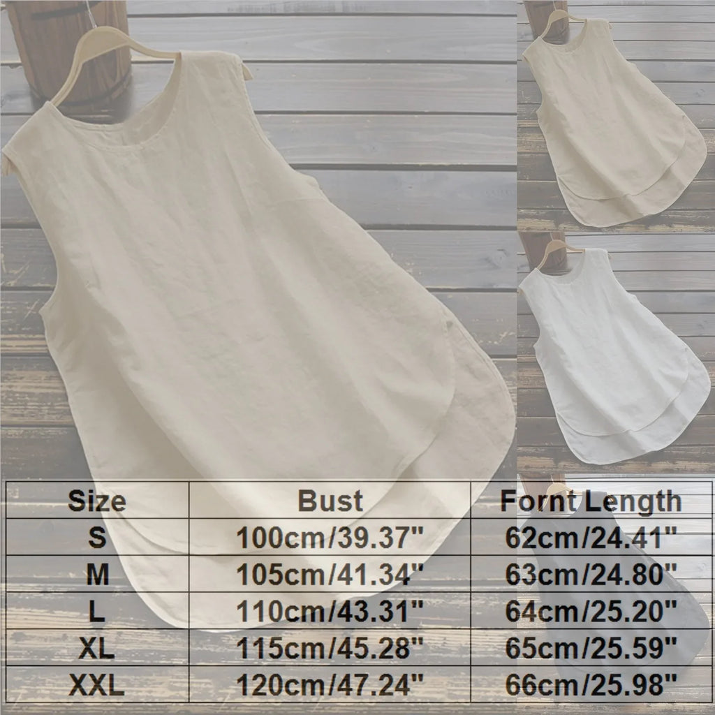 Women Vintage Cotton Linen Tanks Tops Round Neck Floral Print Shirt Summer Sleeveless Blouse Elegant Female Casual Loose Tops