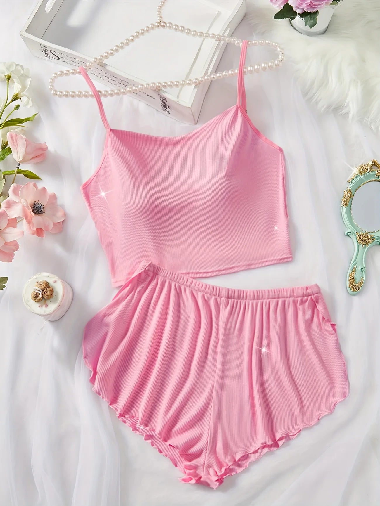 Women's Pajama Set Solid Color Camisole Crop Top and Ruffle Shorts, Sleeveless Soft Sleepwear, Summer Loungewear Outfit