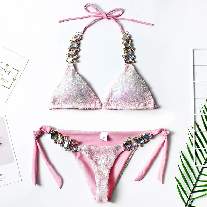 Shiny Sequins Rhinestone Diamond Bikini Women Swimsuit Female Swimwear Two Pieces Bikini Set Halter Bather Bathing Suit Swim