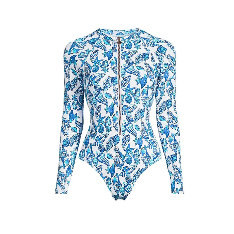 2024 One Piece Surfing Swimsuit Rashguards Women Sexy Swimming Suit Sport Floral Long Sleeves Swimwear Monokini Bathing Suit