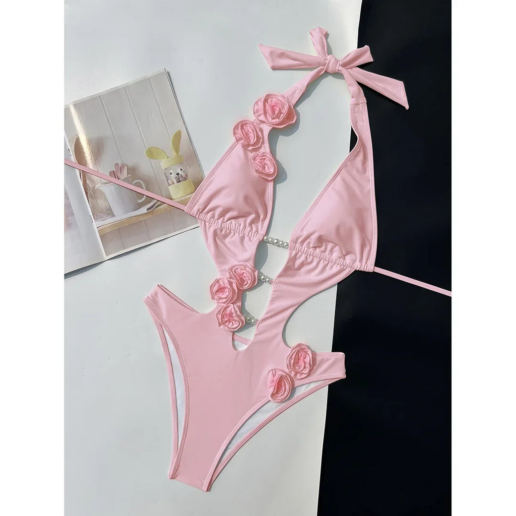 Sexy 3D Flowers Deep V Neck Halter Women Swimwear One Piece Swimsuit Female High Cut Leg Monokini Bather Bathing Suit Swim V6986
