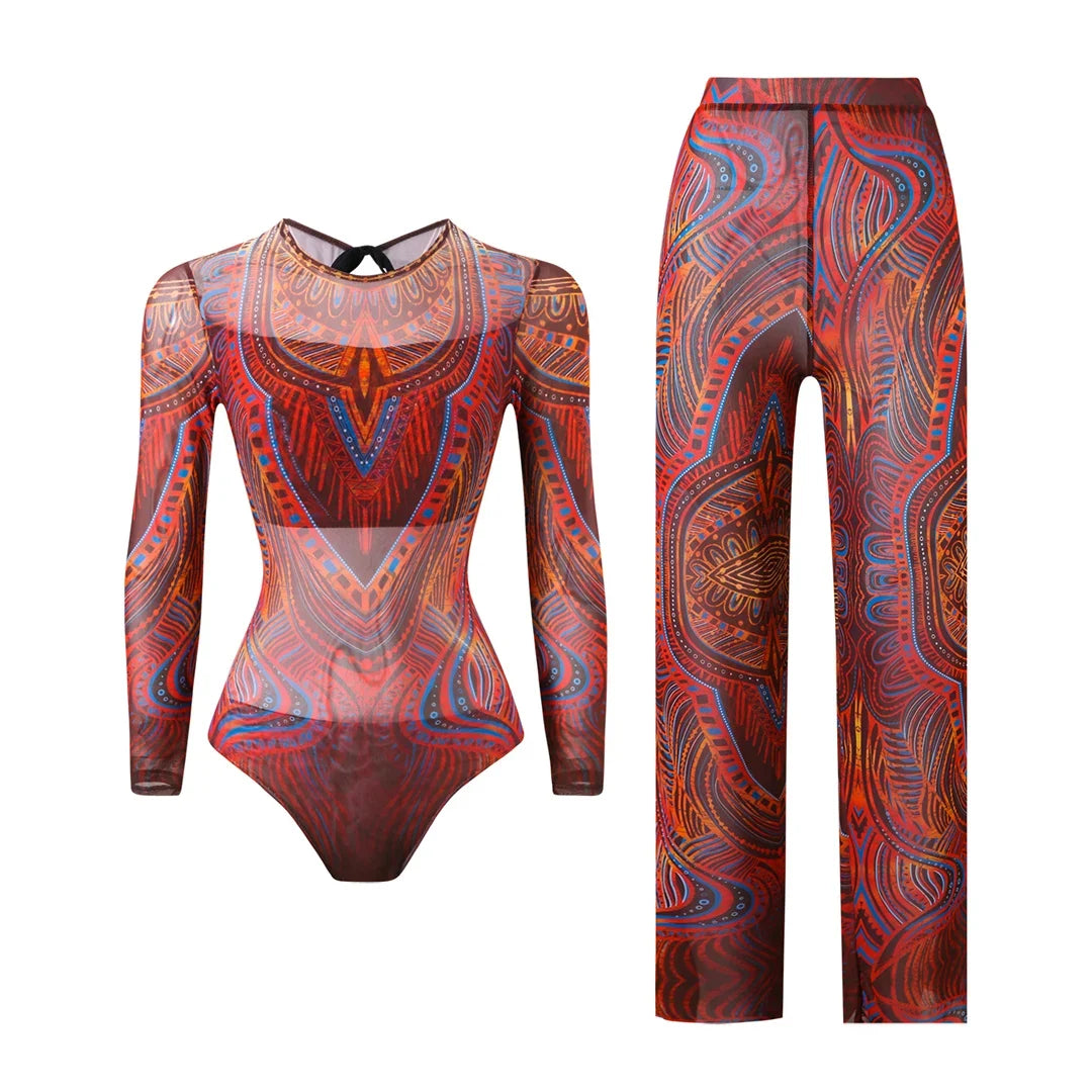 S - XXL New Printed Long Sleeve With Pants Women Swimwear One Piece Swimsuit Female Floral Padded Bather Bathing Suit Swim V7176