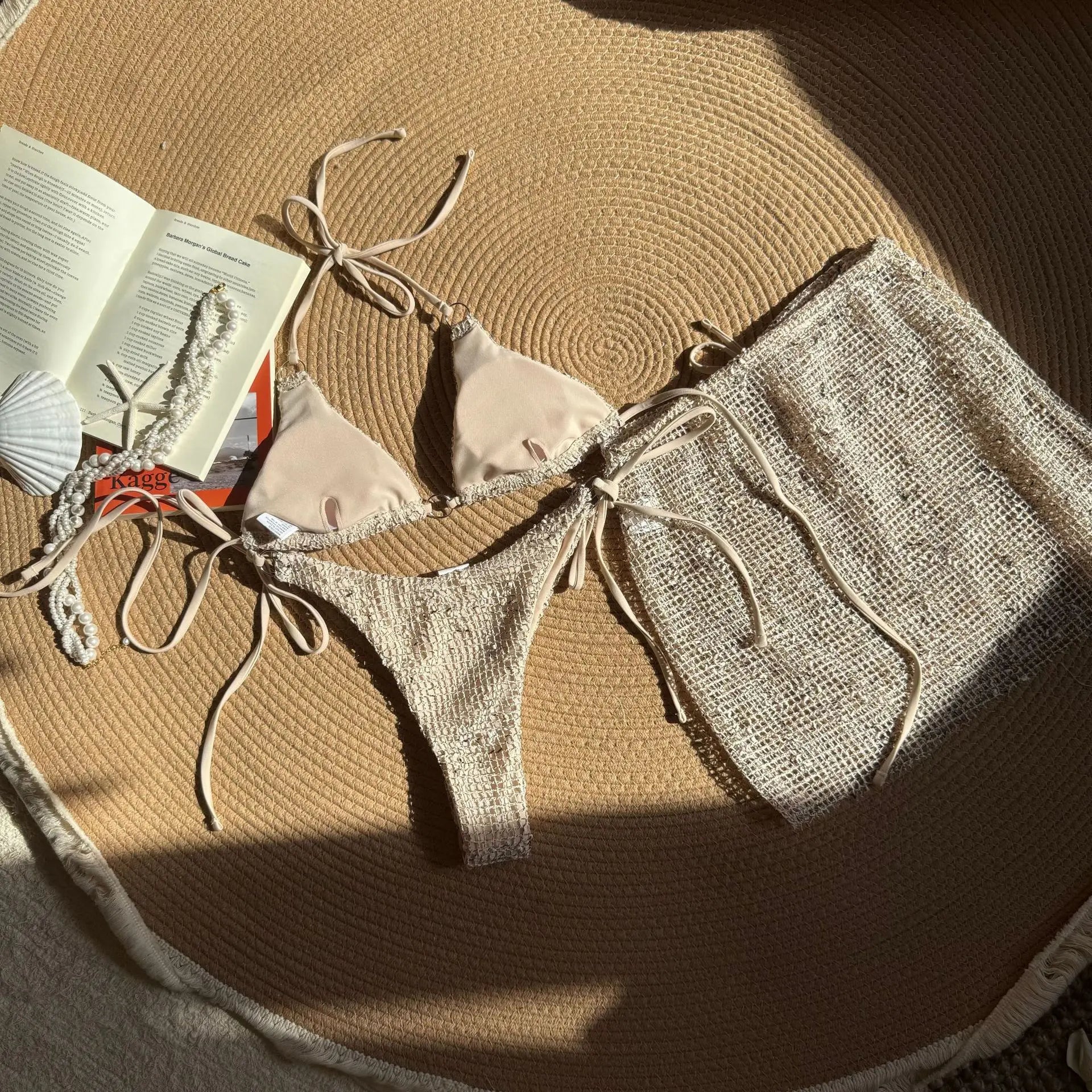 Women Glitter Bikini Sets Three Pieces with Perspective Mini Skirt Halter String Swimsuit Bathing Suit Beach Outfits Biquini