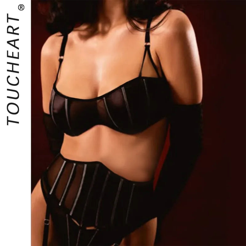 Toucheart Erotic Lingerie black Thin model see-through mesh Patchwork Body shaping gather together pure desire 5PCS with Gloves