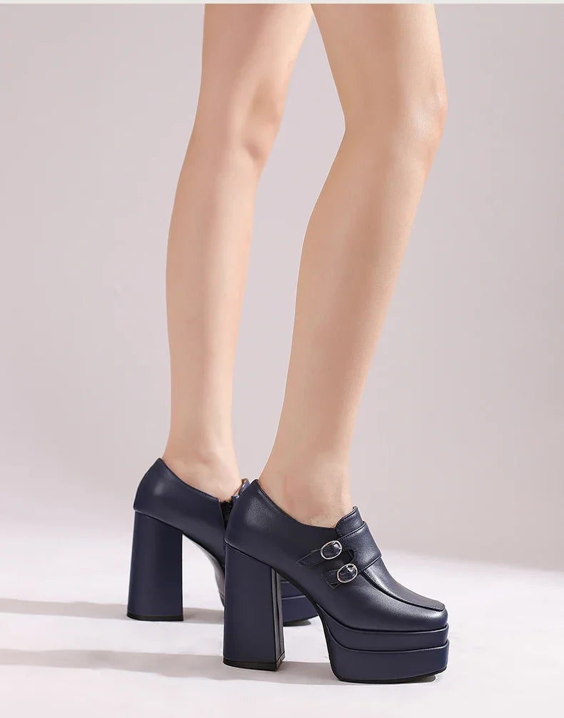 Plus Size Double Row Small Buckle Side Zipper Square Toe Double Layer Platform High Thick Heel Women's Pumps Shallow High Heels