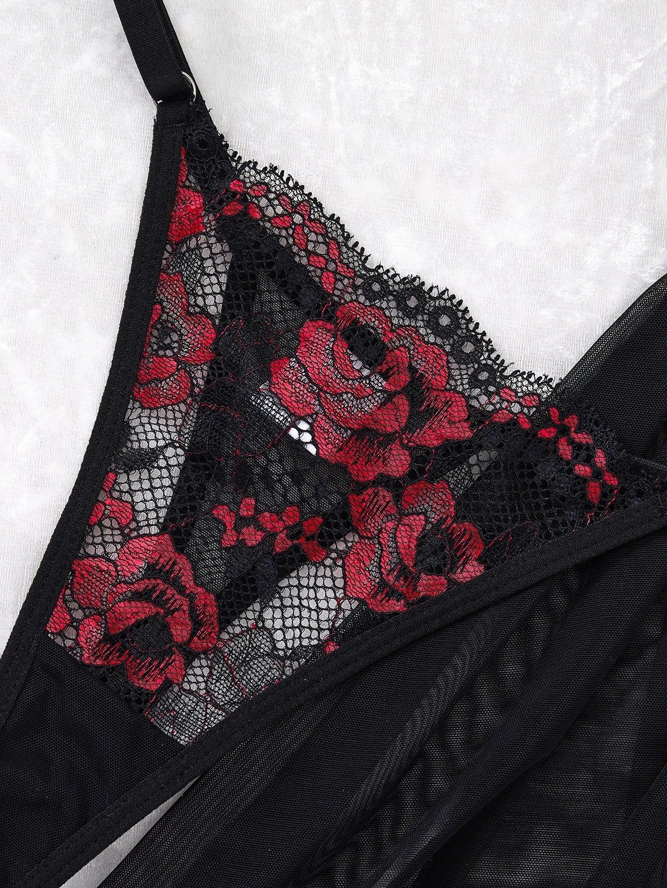 Black Red Rose Floral Embroidery Mesh Babydoll Lingerie Set Underwire Nightgown With Matching Thong Women Sleepwear ZA825127