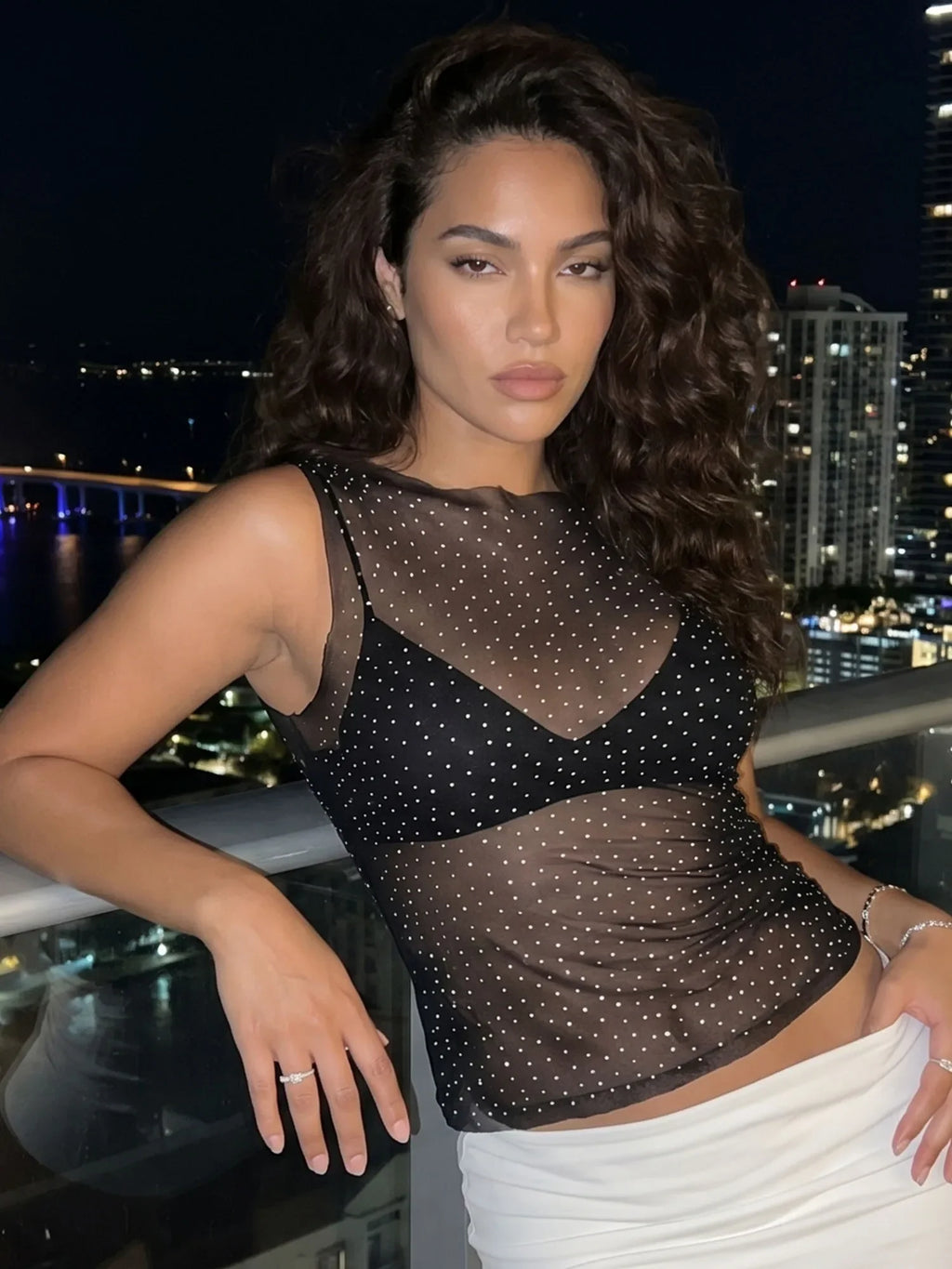 Women Sheer Rhinestones Tank Tops Mesh Sleeveless Shirt Aesthetic Beach Club Sexy Basic Vest Streetwear Summer