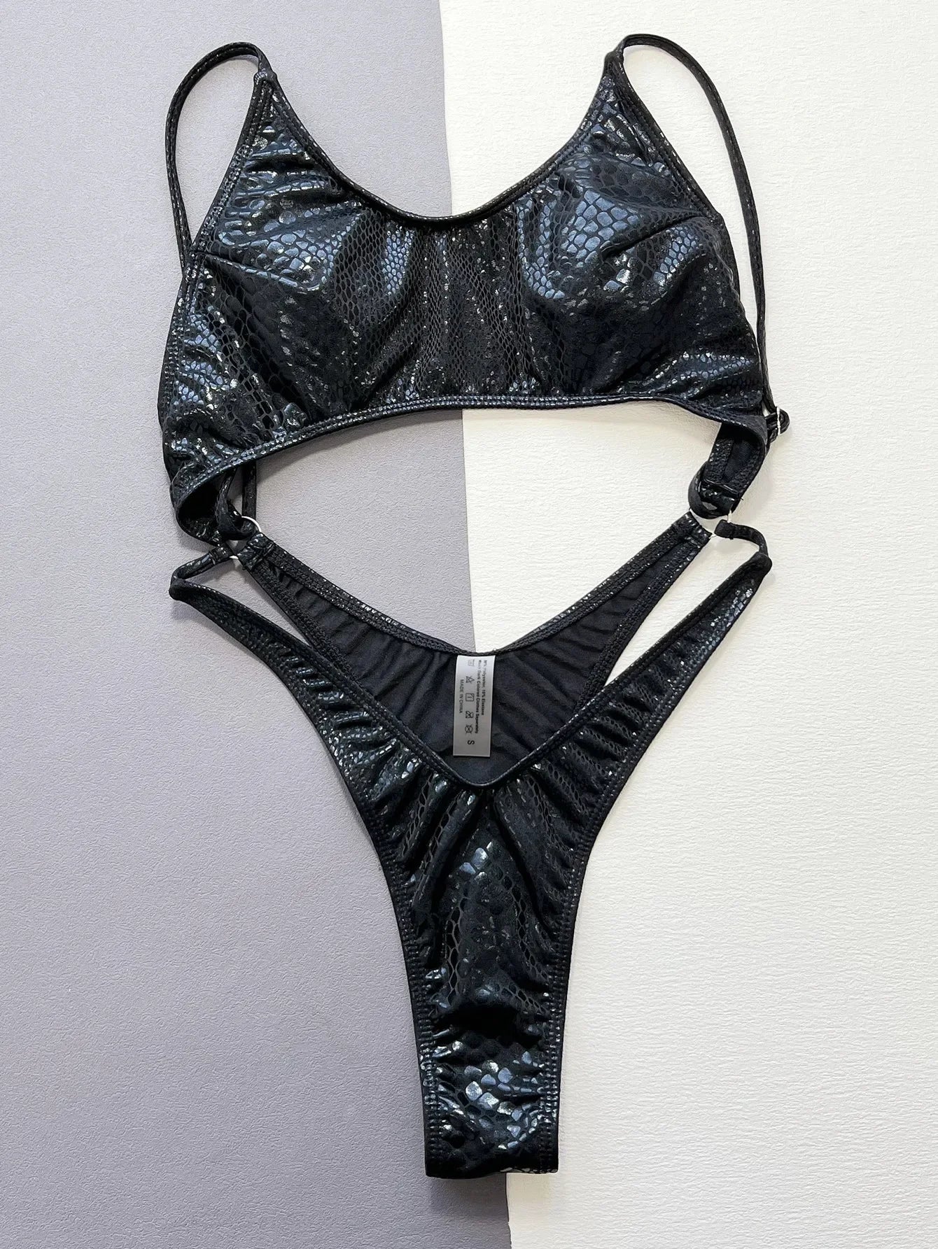 Women Black Snake Print Metallic Swimsuit One Piece Hollow Backless Bikini Swimwear Bathing Suit Beach Outfits Bodysuit Biquini