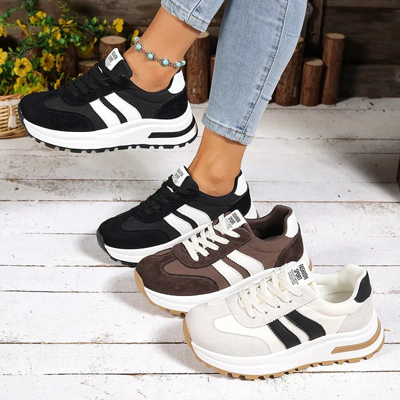 Fashion Stripe Thick Bottom Sneakers Women 2026 Autumn Platform Lace Up Sport Shoes Woman Anti Slip Thick Sole Running Shoes