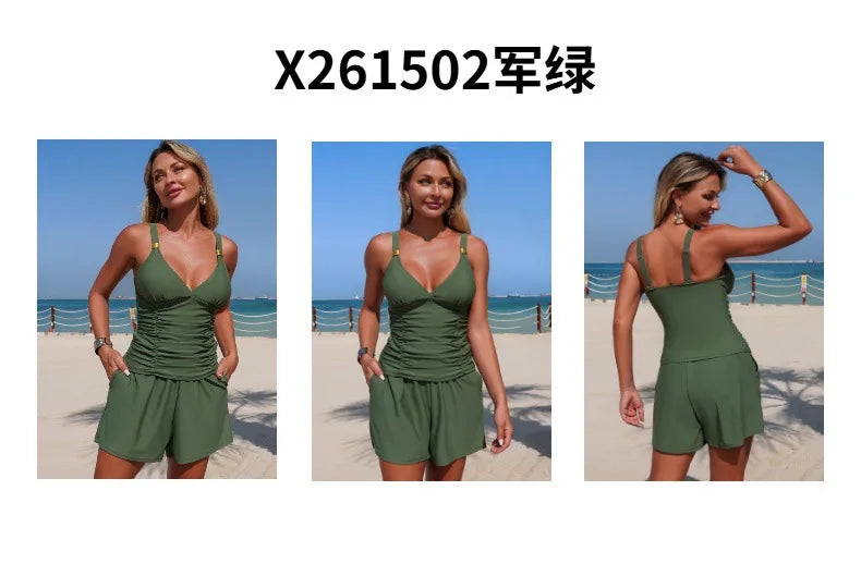 Green Black Pocket Short Two Piece Swimsuit Women V Neck Pleate Tank Top High Waist Tankini Set Beach Bathing Suit Swimwear 2026