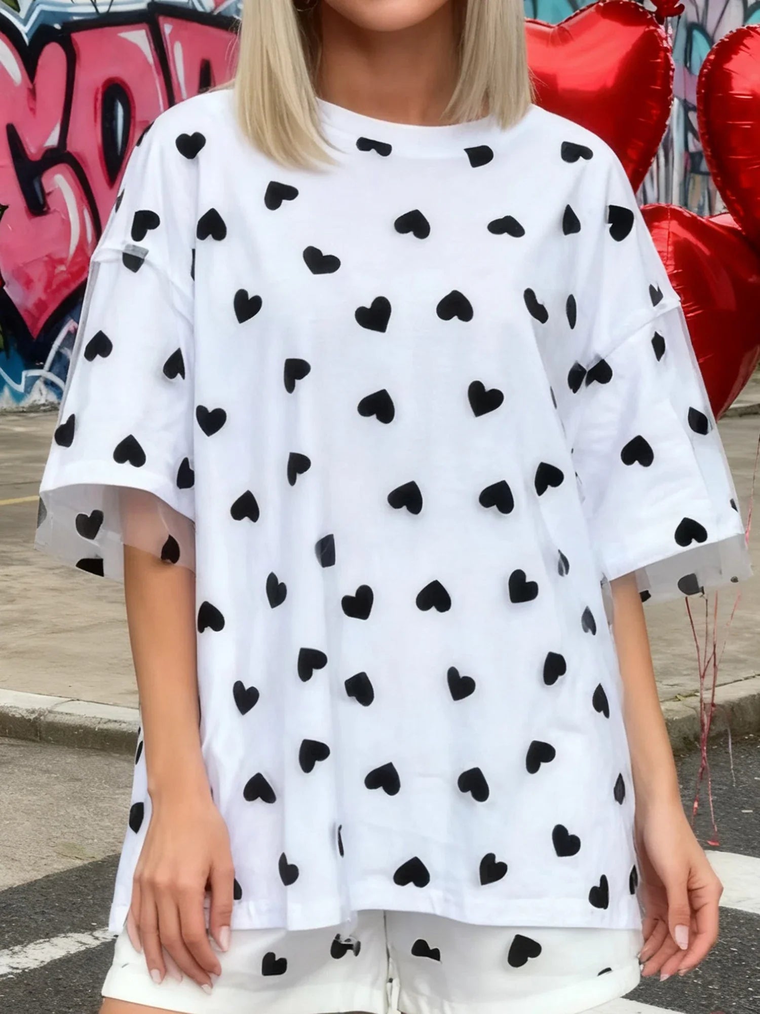 Summer T-Shirt Women Casual Loose Fit Stylish Love Heart Print Crew Neck Short Sleeve Tops