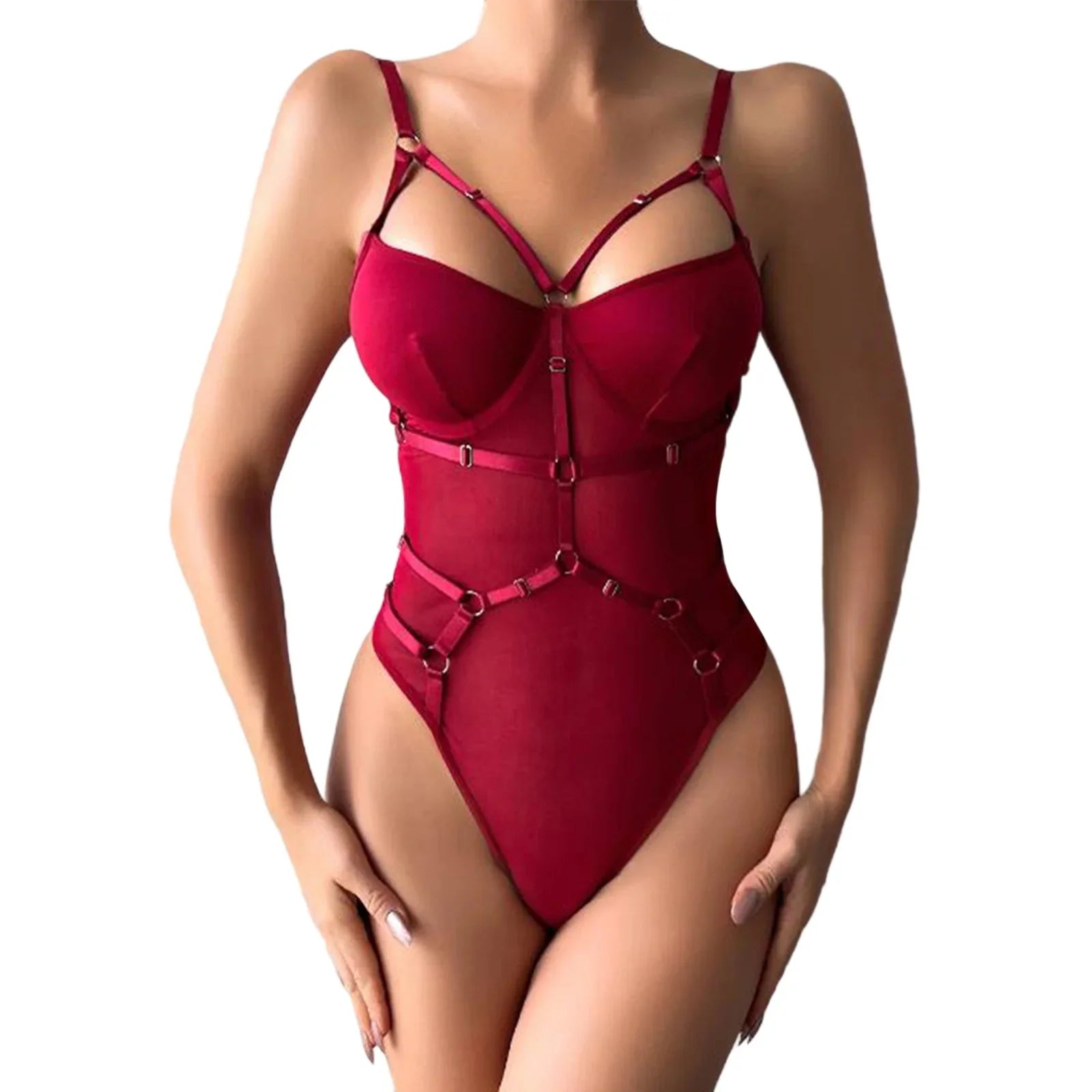 Womens Sleeveless Bodysuits Solid Color PU Leather Bandage Leotard Body Top See Through Mesh Tops